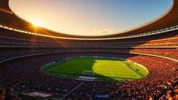 Spanish football stadium bathed in golden evening sunlight